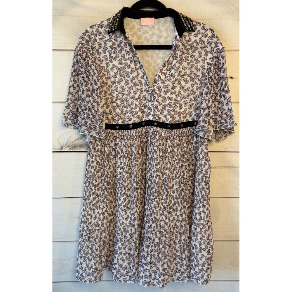 Giamba Paris Bow Print Embellished Collar Pleated Mini Dress Pink Black IT 44 M